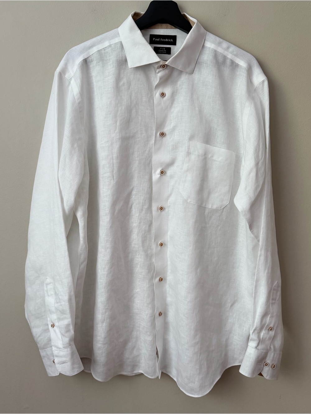 Paul Fredrick White Linen Dress Shirt Classic Fit Trim Accent 17 x 36